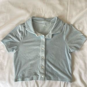 PacSun button up collared cropped ribbed baby blue t-shirt